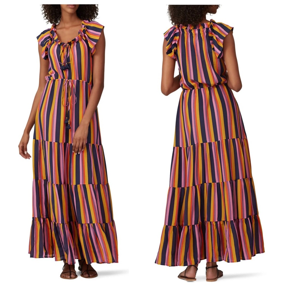 Figue Gianna Silk Striped Ruffle Tiered Maxi Dress Multicolor Size Small
